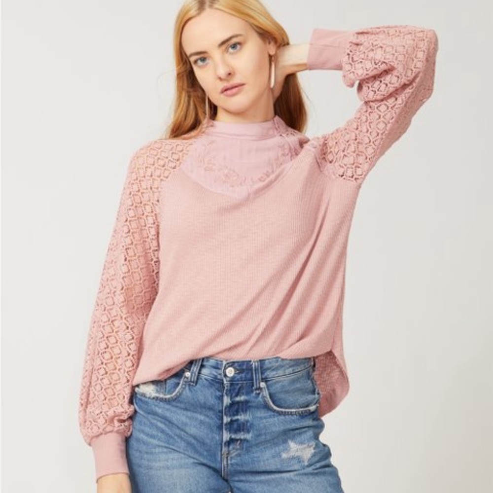 Free People Rose Sweetest Thing Thermal Top balloon sleeves buttons embroidery